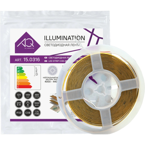 Лента светодиодная AQ LED-LINE COB 480 LED/м 12V 14W/м 8 мм IP20 нейтральный  белый 5 м