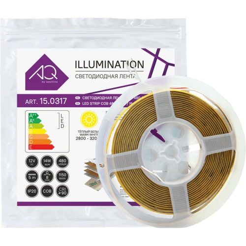 Лента светодиодная AQ LED-LINE COB 480 LED/м 12V 14W/м 8 мм IP20 теплый белый 5 м